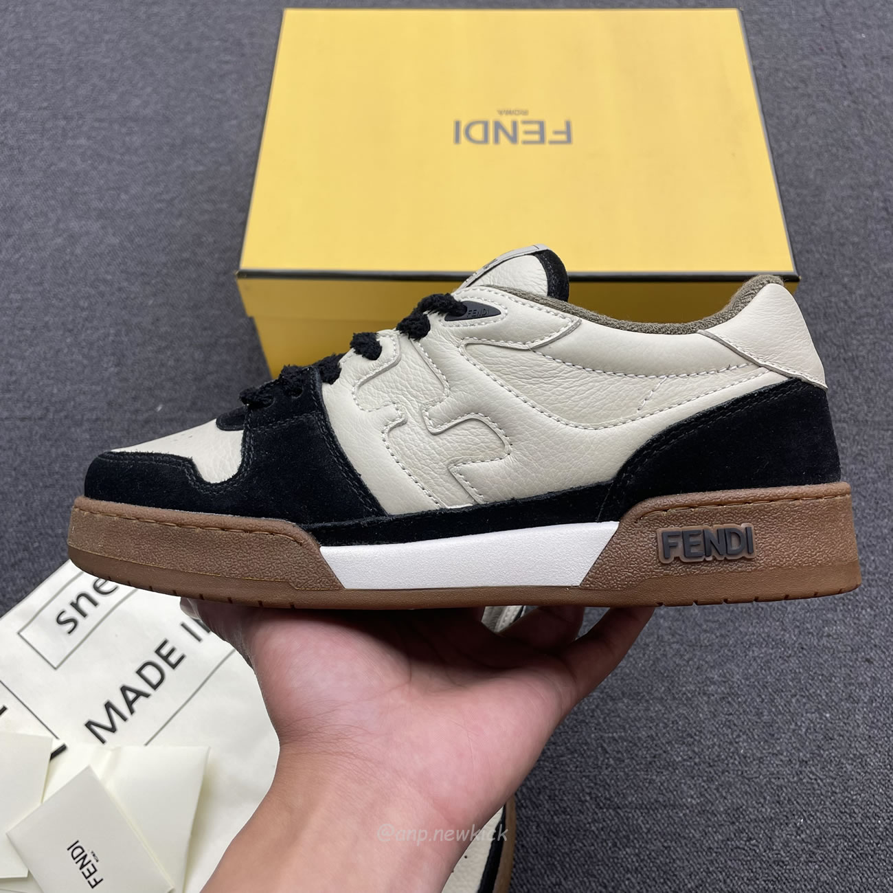 Fendi Match Cream Black White Suede And Leather Low Top Sneakers (9) - newkick.app